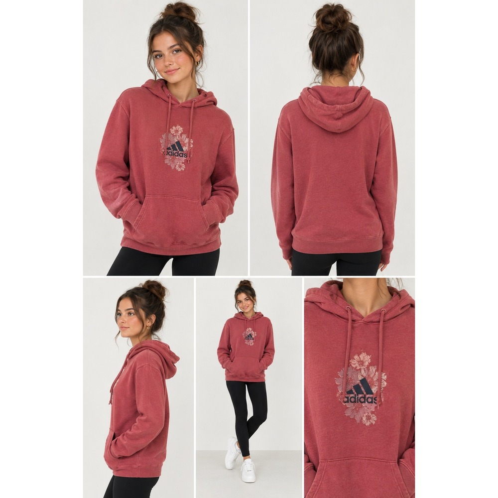 Adidas Womens Floral Mountain Logo Hoodie Pink Pullover Sweatshirt HY5737 Medium